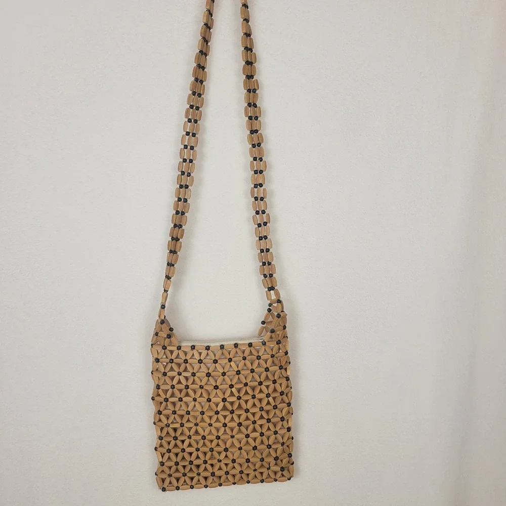 Wooden Bead Flower Purse Blue Tan Boho Crossbody Handbag